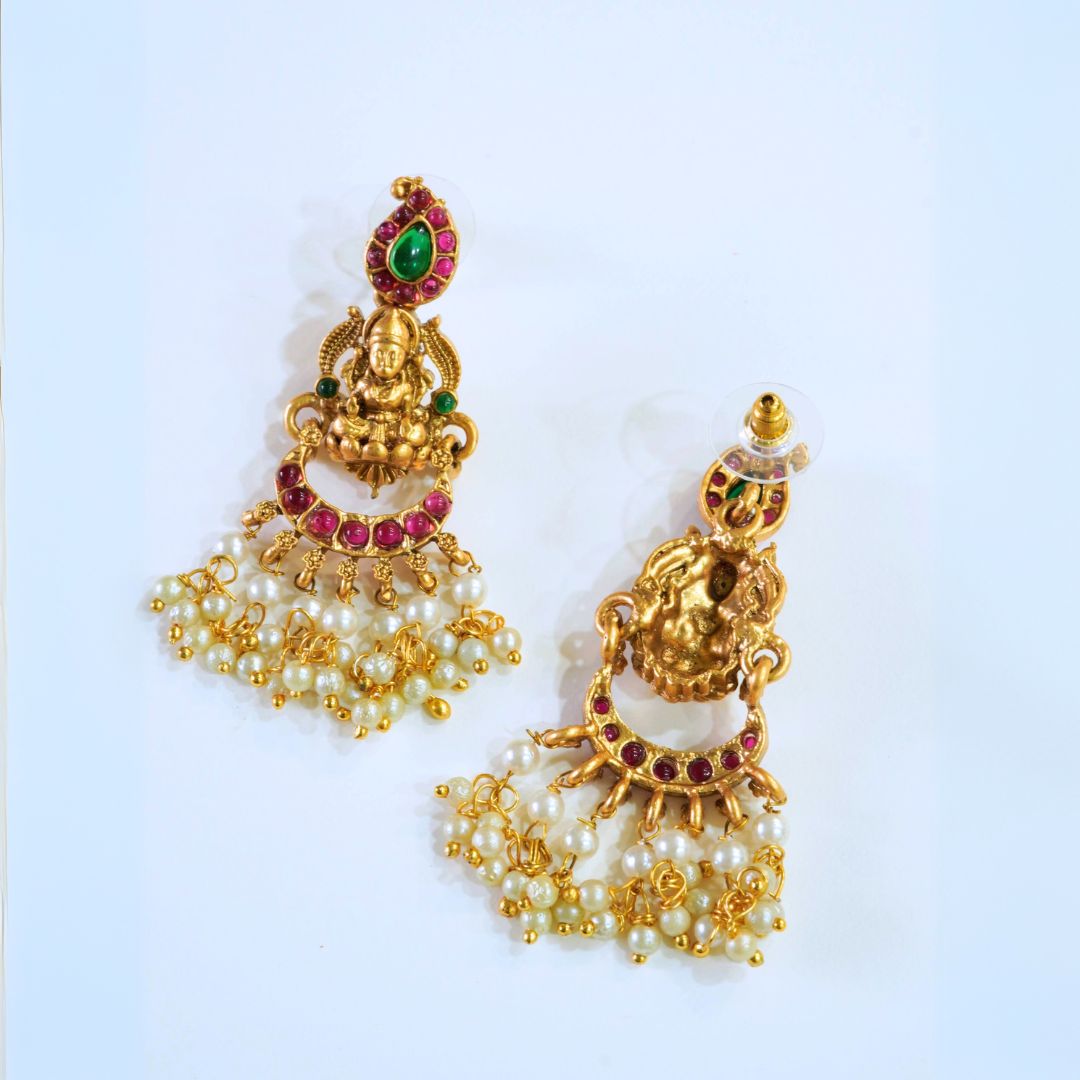 18KT Gold Plated Brass Temple Laxmi Necklace Set with Dangler Earrings