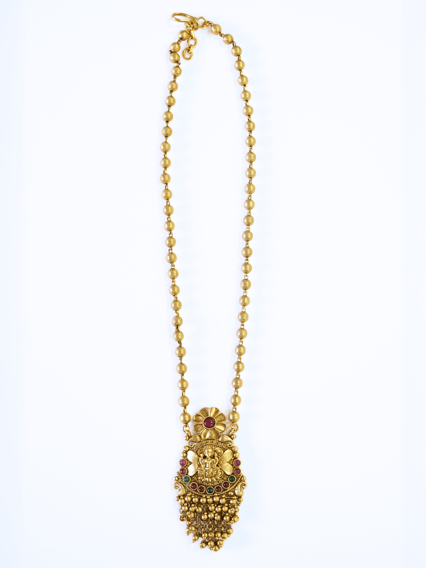 Stunning Golden Motifs Floral Laxmi Temple Pendant Set