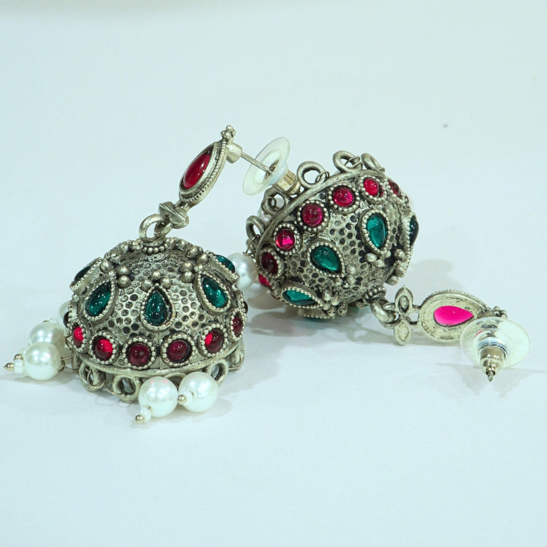 Jaipuri Stone & Pearl Oxidized Jhumka Earrings