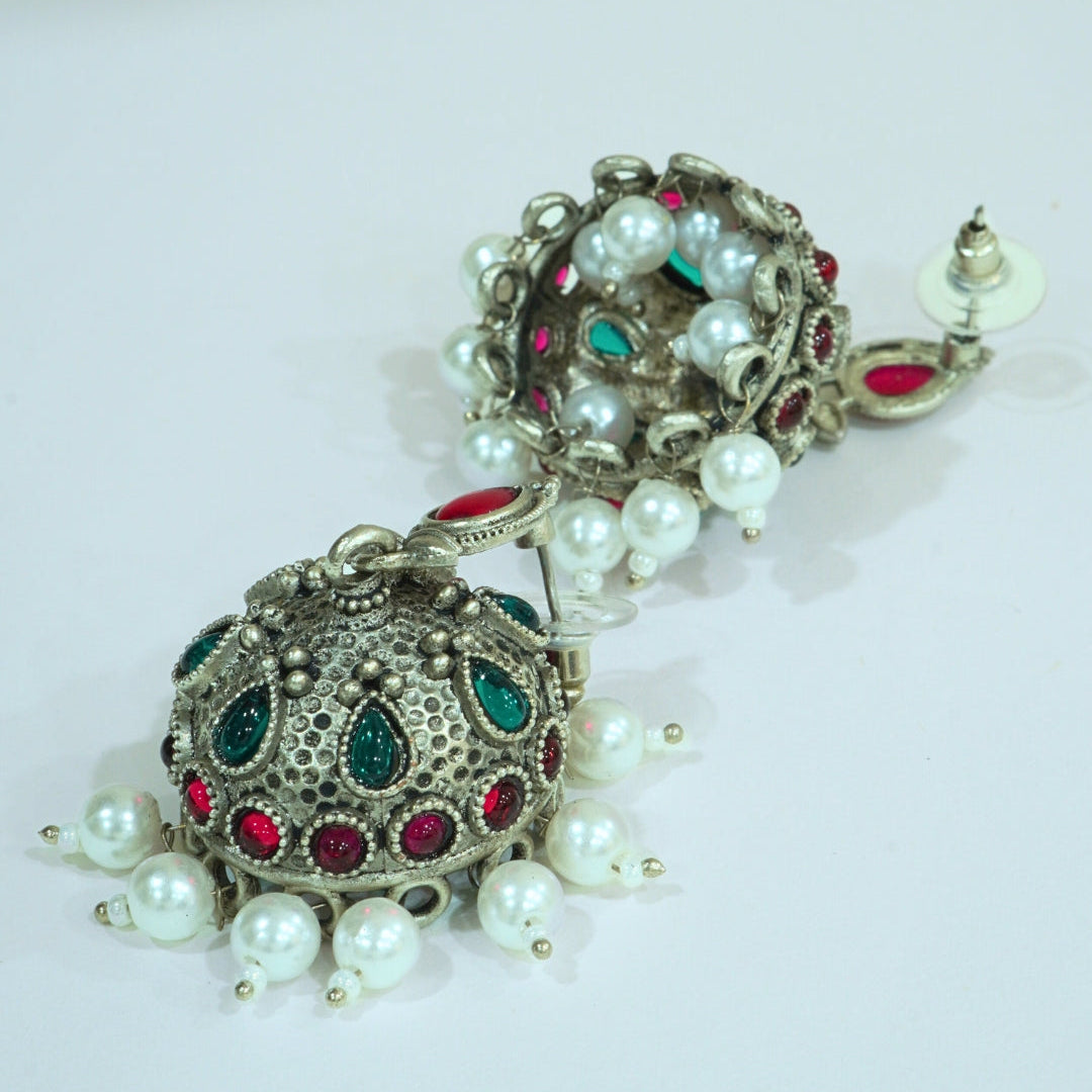 Jaipuri Stone & Pearl Oxidized Jhumka Earrings