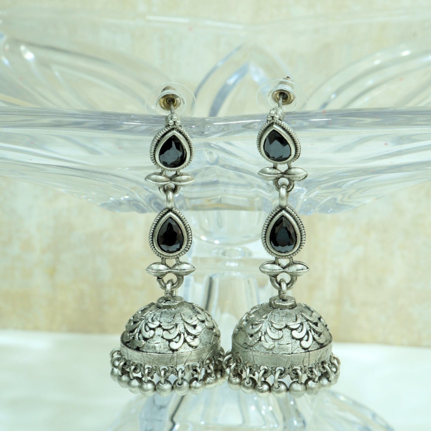 Handcrafted Oxidized Black Stones & Ghungroo Jhumka