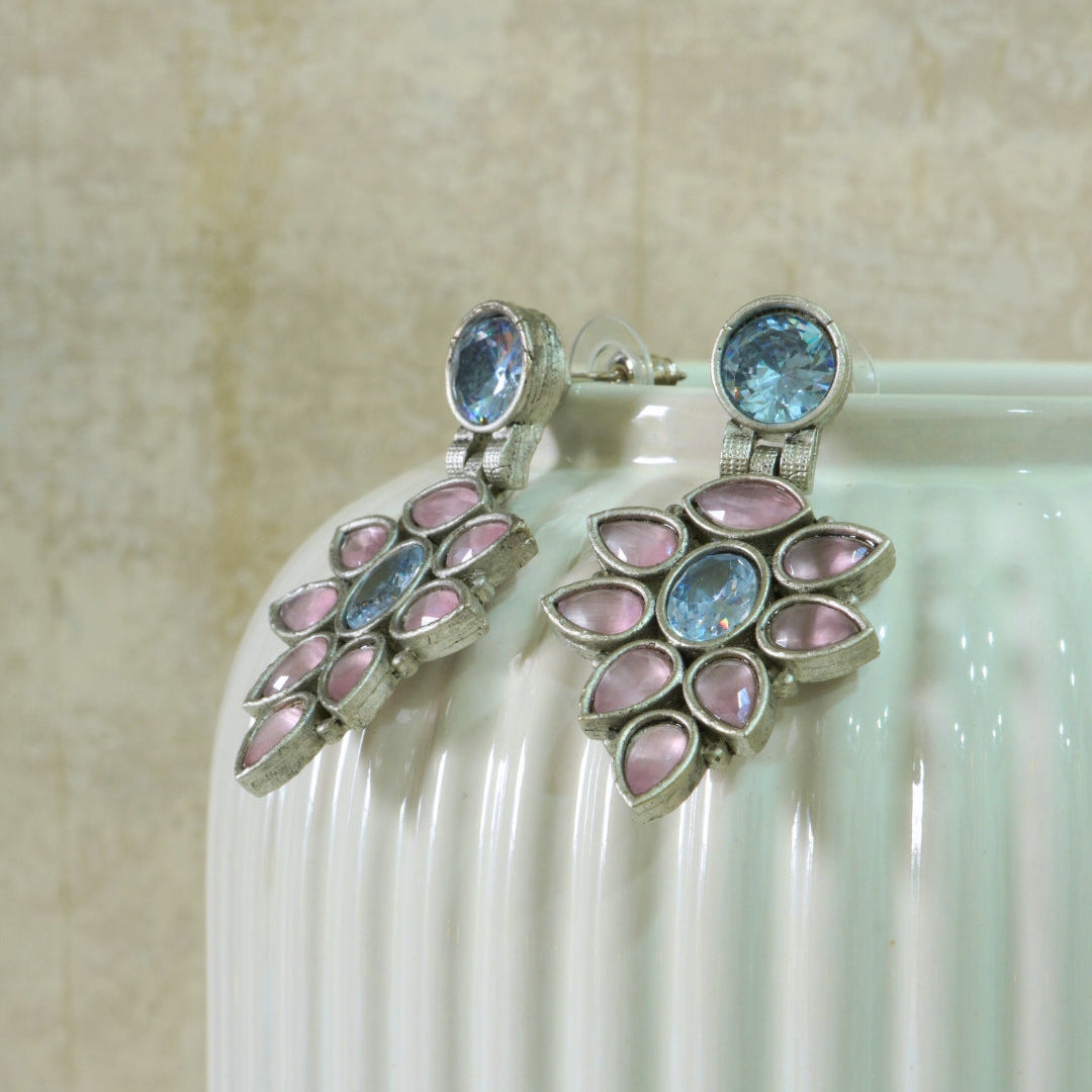 Soft Pink Leafy Oxidized Drop Earrings