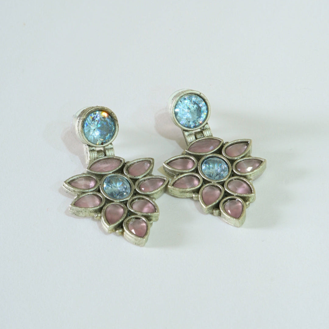 Soft Pink Leafy Oxidized Drop Earrings