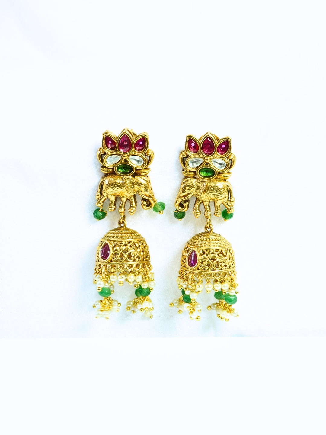 Long Antique Gold Plated Ruby Kundan Green Necklace Set