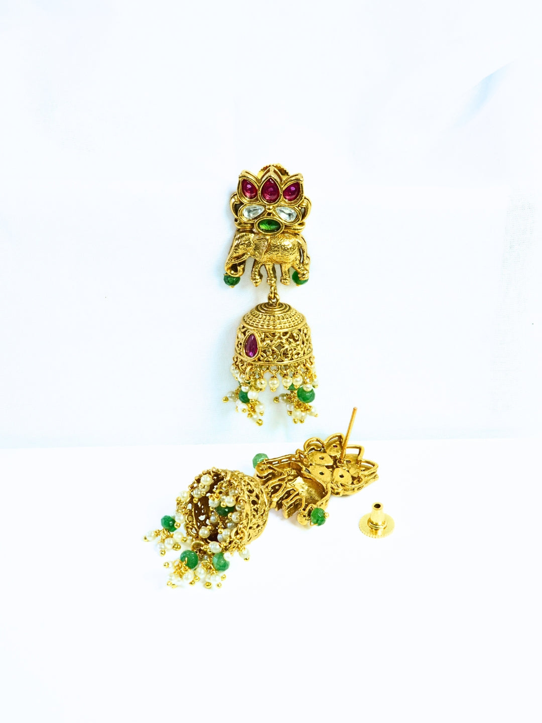 Long Antique Gold Plated Ruby Kundan Green Necklace Set