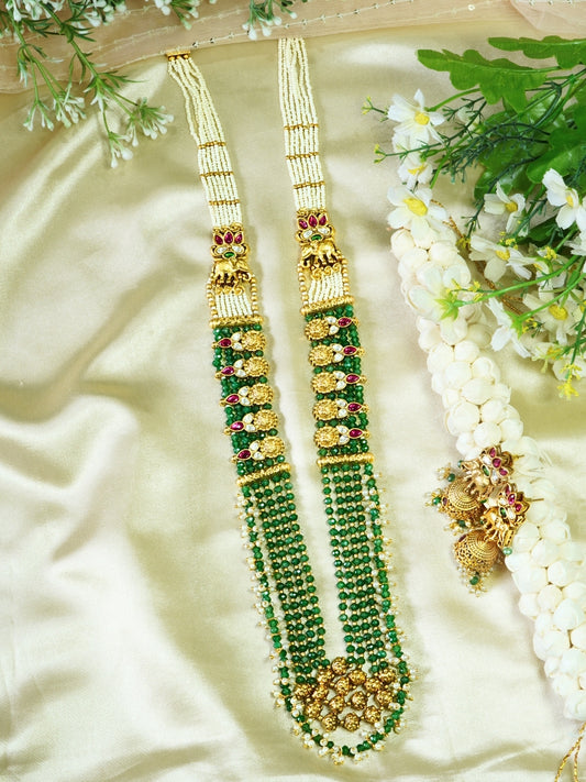 Long Antique Gold Plated Ruby Kundan Green Necklace Set