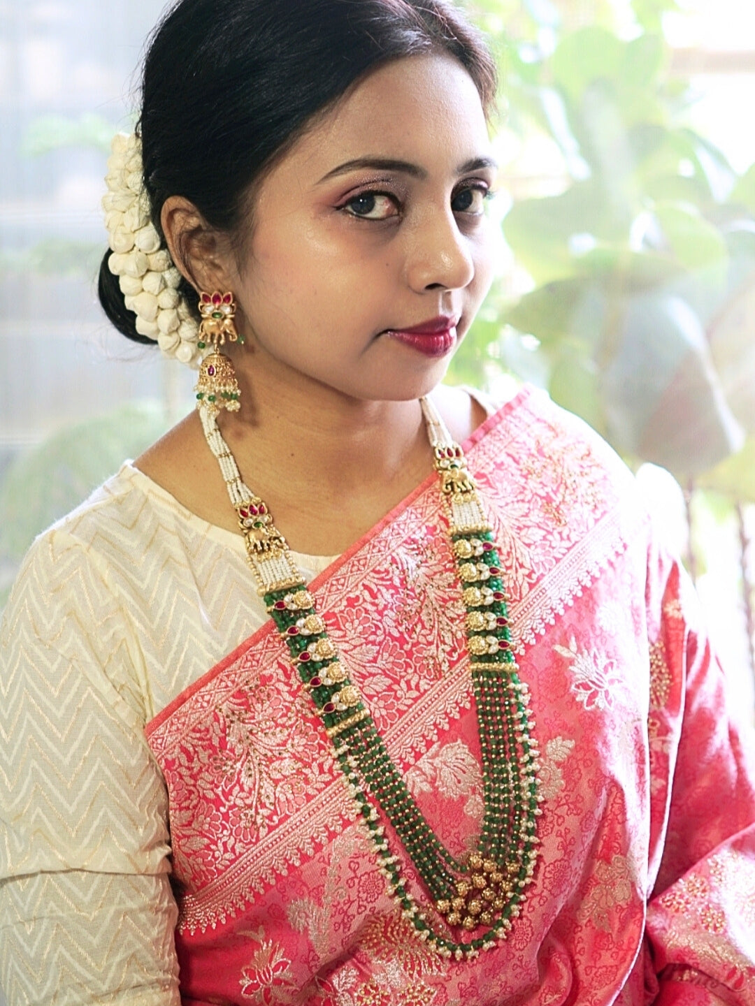 Long Antique Gold Plated Ruby Kundan Green Necklace Set