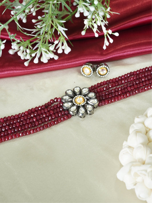 Rhodium Plated Floral Kundan & AD Maroon Choker Necklace Set