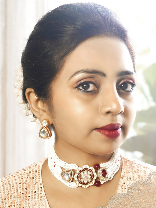 Kundan Studded Meenakari Maroon Choker Necklace Set