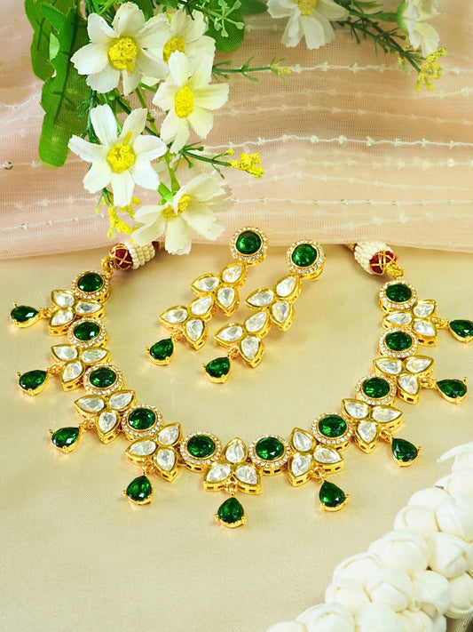 Royal Kundan & Emerald Matte Gold Necklace Set