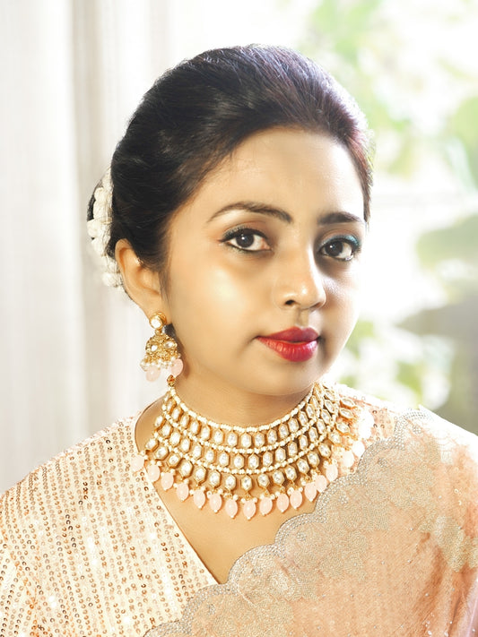 Three Layered Kundan n Pink Bold Motif Choker Necklace Set