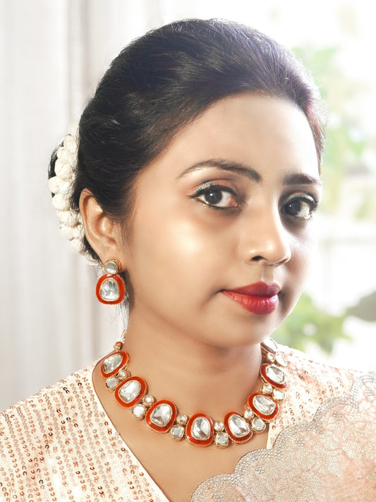 Queen's Envy Pure Kundan Necklace Set with Lustrous Red Detailing