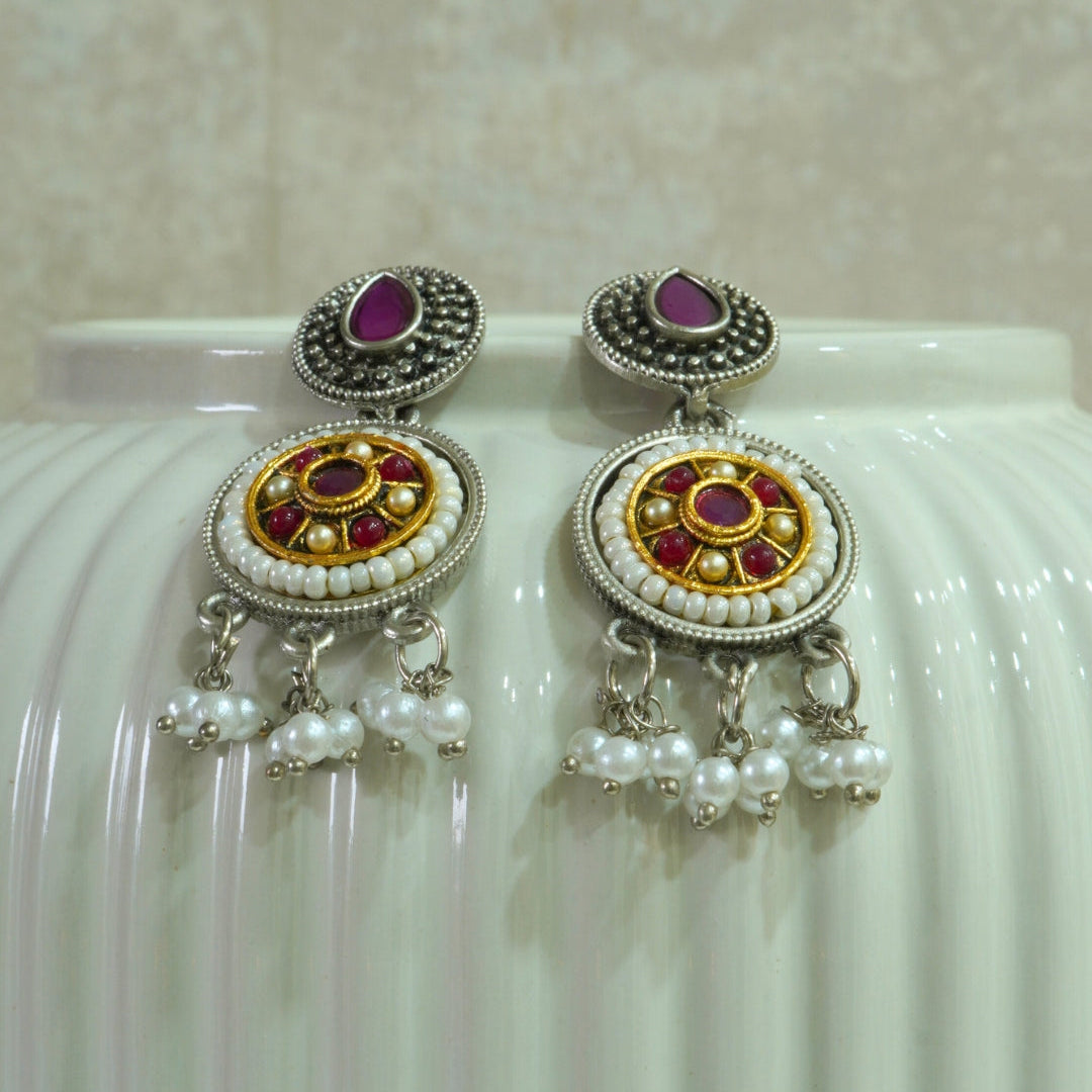 Dual-Tone Oxidized Earrings with Jaipuri Stones & Pearls