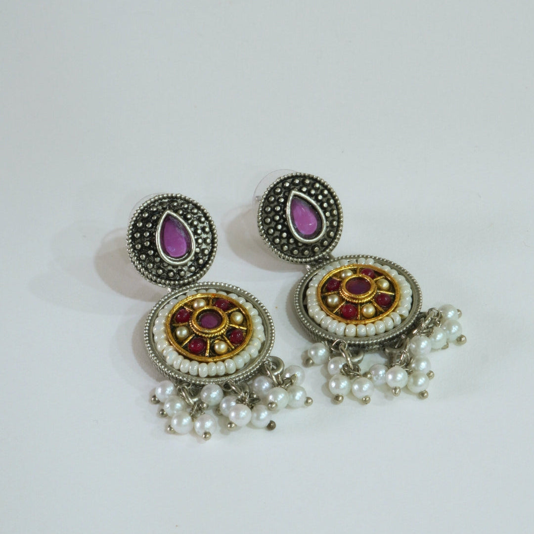 Dual-Tone Oxidized Earrings with Jaipuri Stones & Pearls