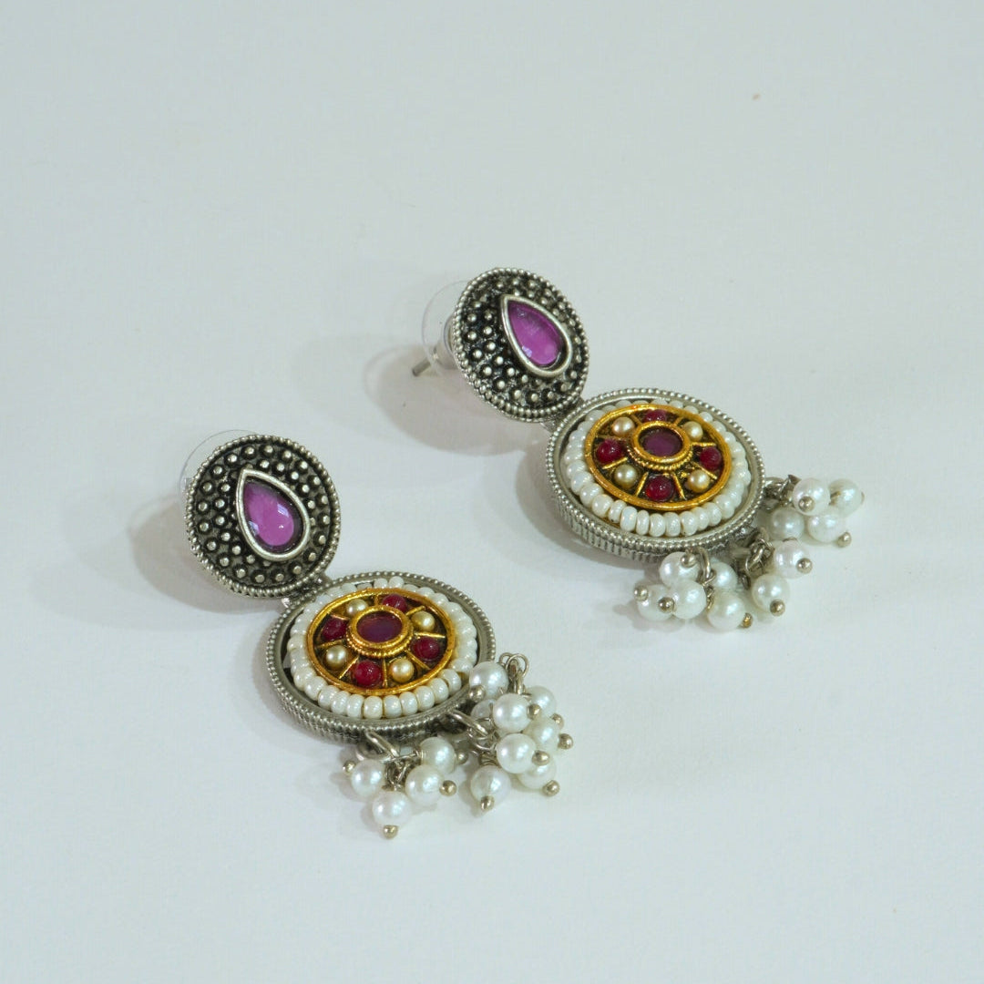 Dual-Tone Oxidized Earrings with Jaipuri Stones & Pearls