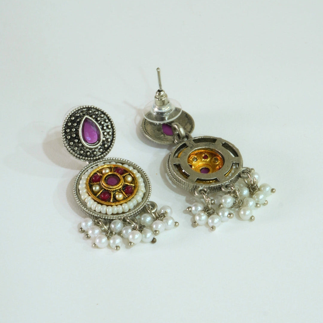 Dual-Tone Oxidized Earrings with Jaipuri Stones & Pearls