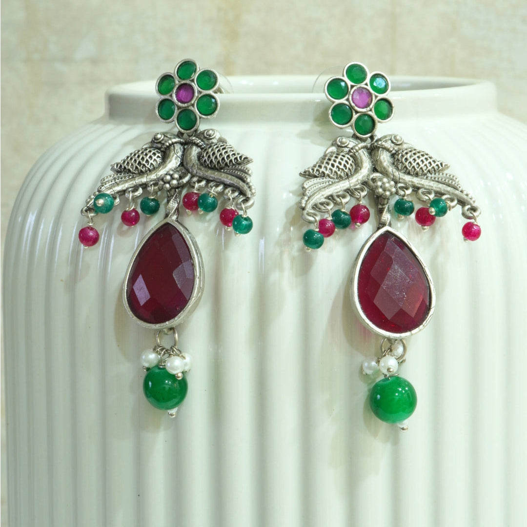Enchanting Floral Bird Motif Oxidized Dangler Earrings