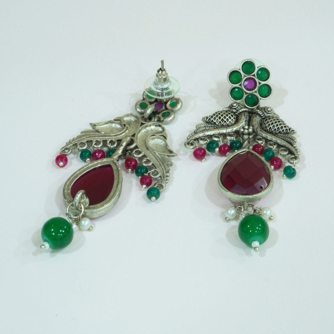 Enchanting Floral Bird Motif Oxidized Dangler Earrings