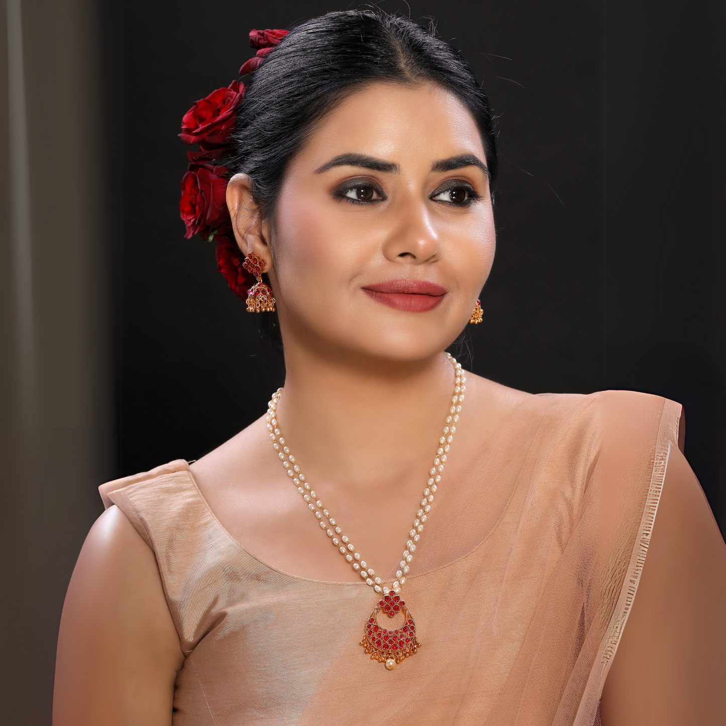 Radiant Ruby Studded Pearl Pendant Set with Jhumkas