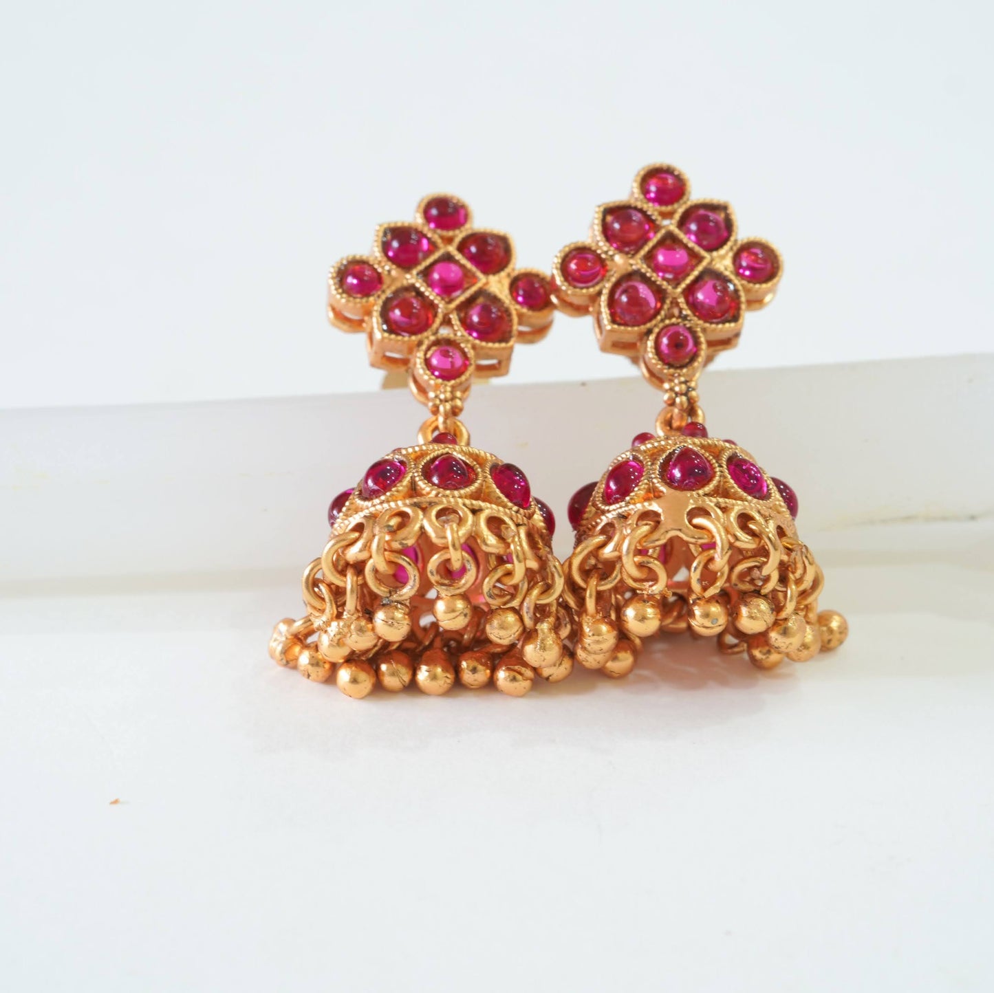 Radiant Ruby Studded Pearl Pendant Set with Jhumkas