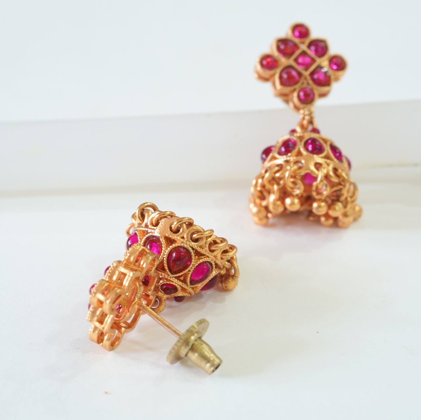 Radiant Ruby Studded Pearl Pendant Set with Jhumkas