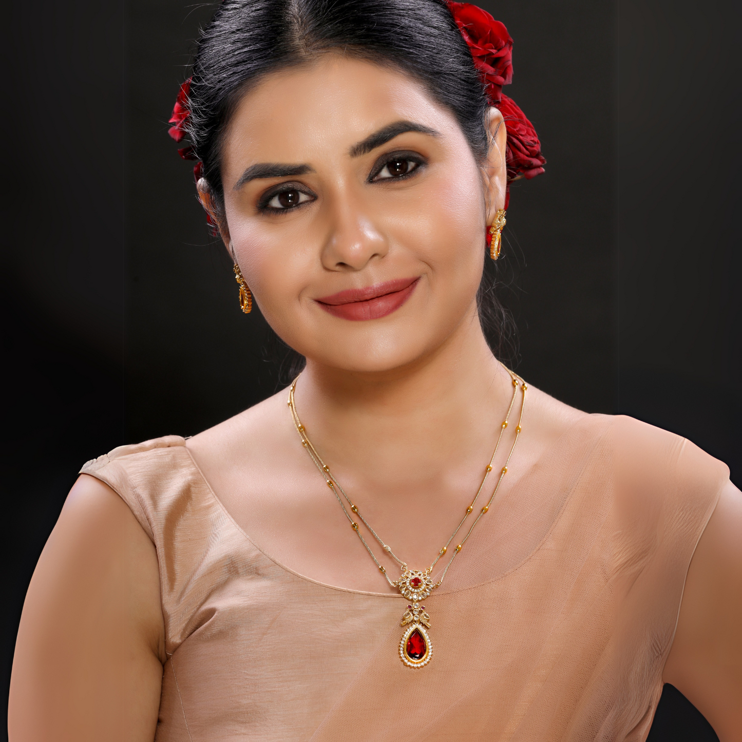 Zirconia Studded Red Crystal Double Chain Necklace Set