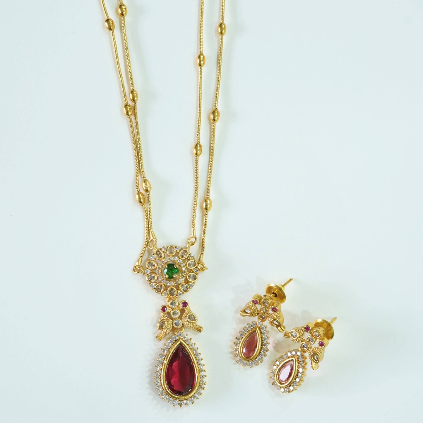 Zirconia Studded Red Crystal Double Chain Necklace Set