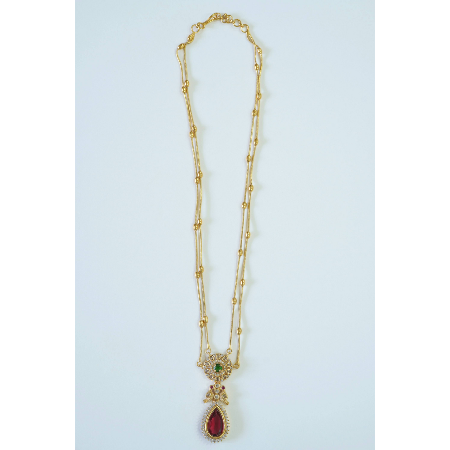 Zirconia Studded Red Crystal Double Chain Necklace Set