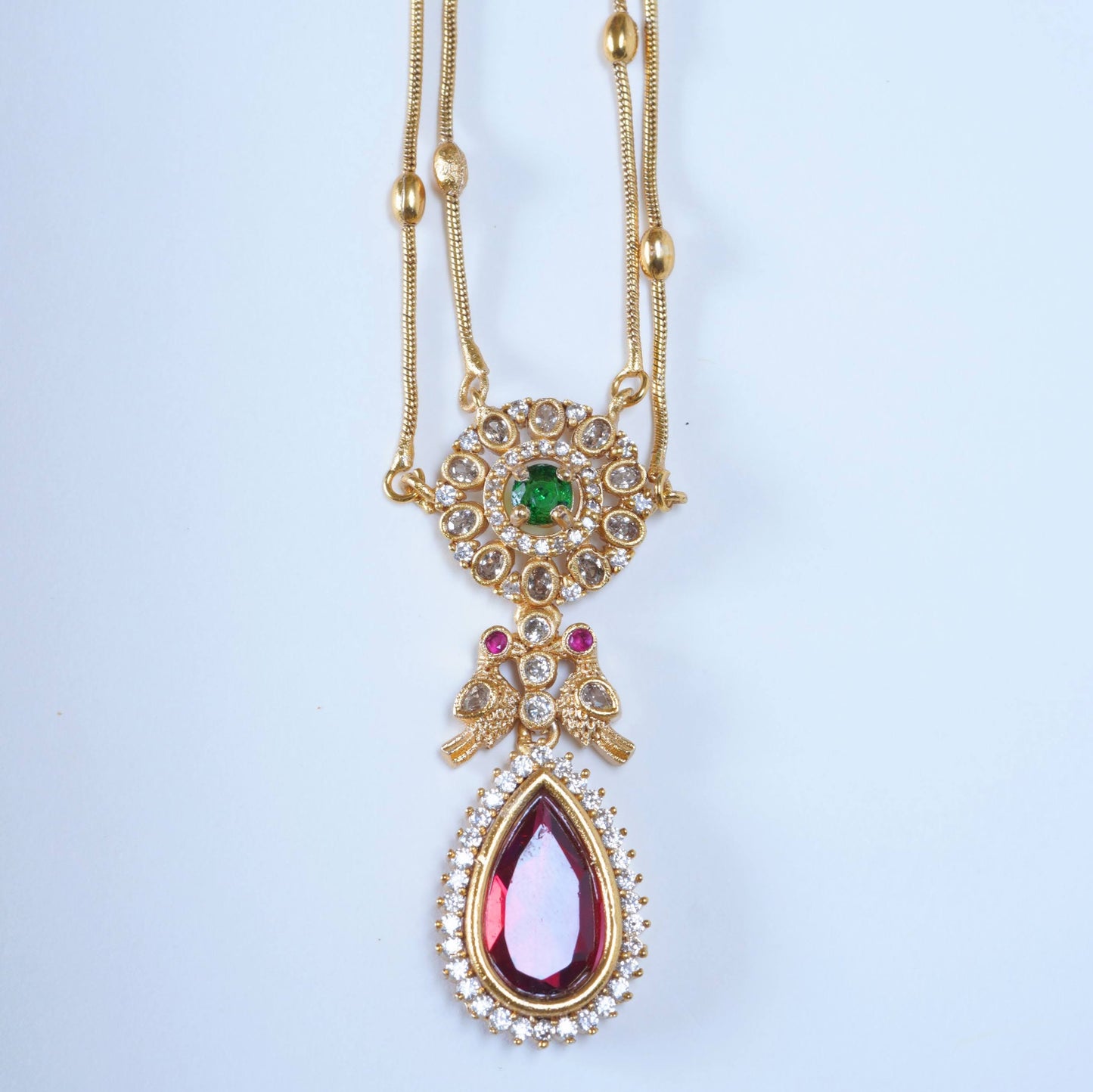 Zirconia Studded Red Crystal Double Chain Necklace Set