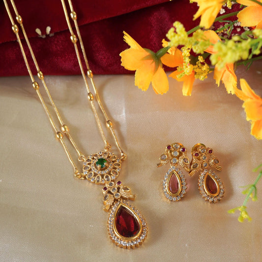 Zirconia Studded Red Crystal Double Chain Necklace Set