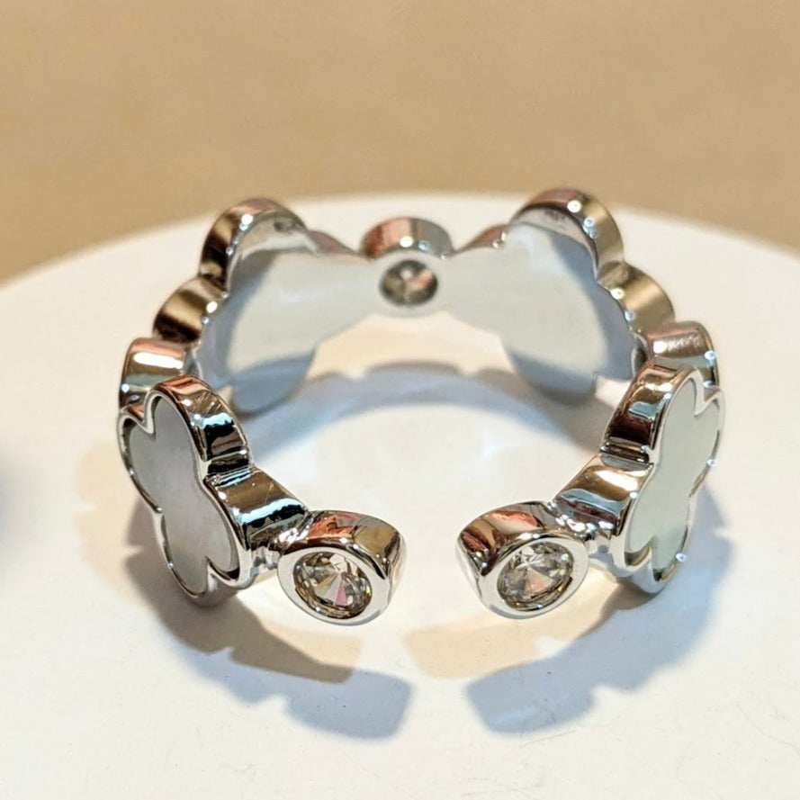 PRIMA DONNA SERIES - Flower Shaped Mother of Pearl with 5A Zirconia Rhodium Plated Adjustable Finger Ring