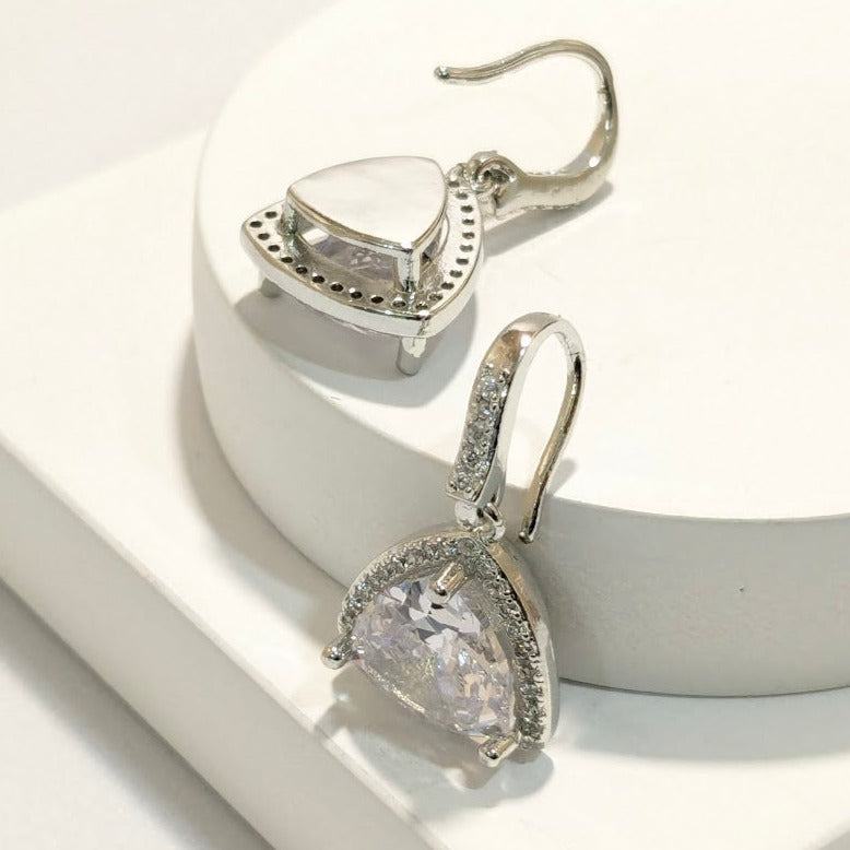 DIVA SERIES - Rhodium Plated Zirconia 5A Silver Triangular Drops Earring