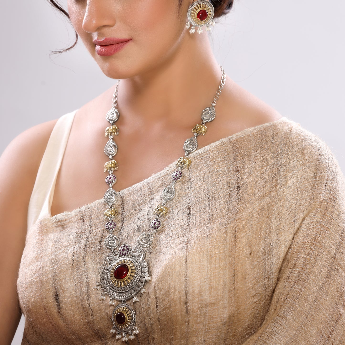 Dual-Tone German Silver Necklace Set with Red Monalisa Stone