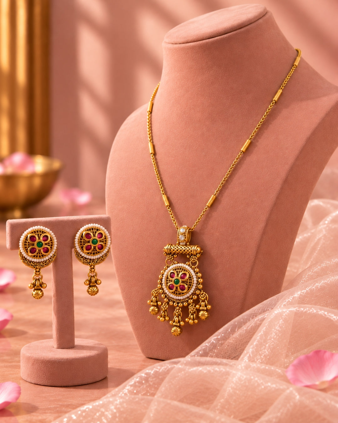 Bar Snake Chain Round Pendant Pearl & Beaded Necklace Set