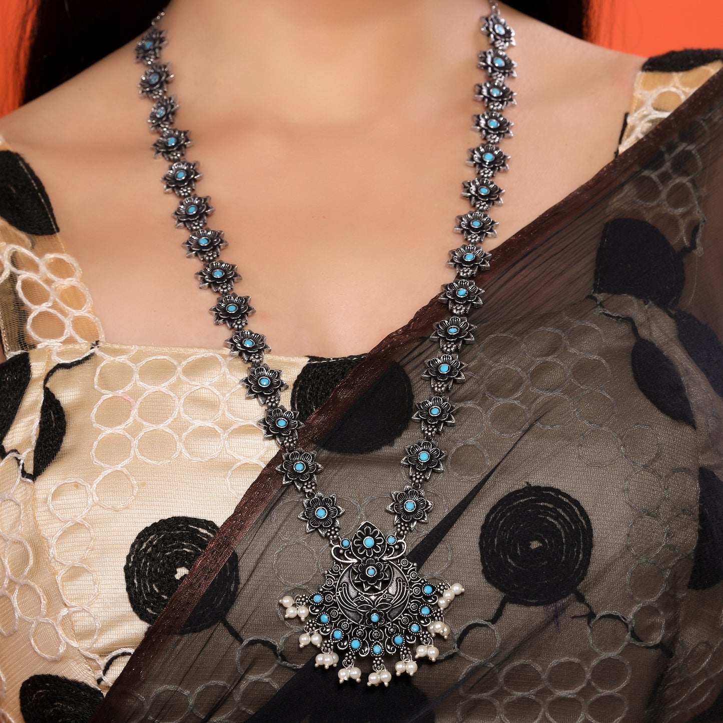 Sky Blue Moissanite Oxidized Floral Necklace Set with Earrings