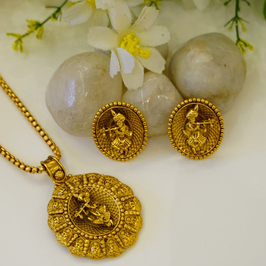 Krishna Oval Flowery Temple Pendant Set