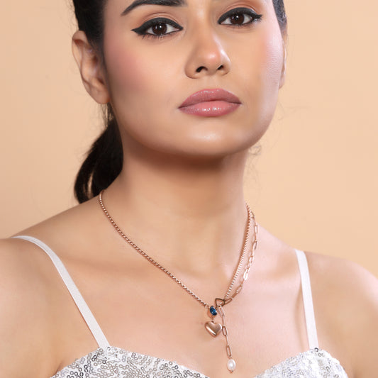 Rose Gold Plated Multilayer Western Necklace with Heart Drop, Pearl & Blue Crystals