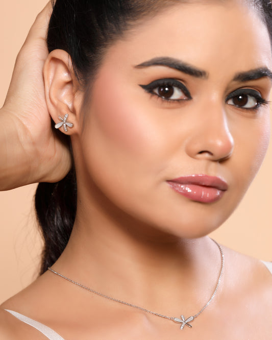 Rhodium Plated Floral Pendant Western Necklace with Stud Earrings