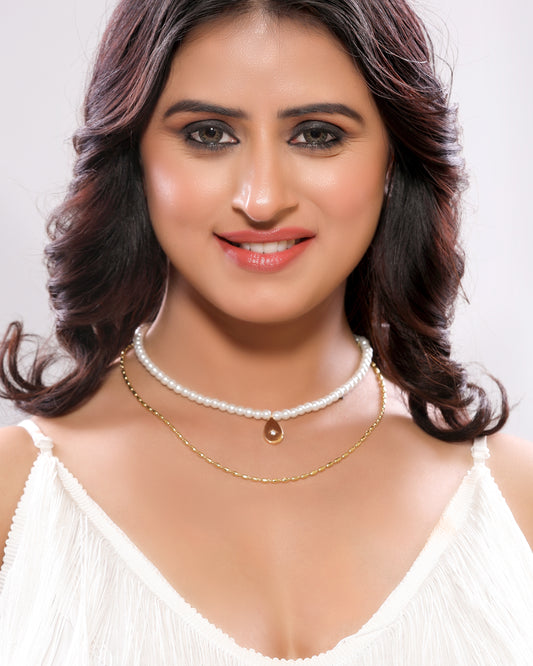 Multilayer Beaded Gold Chain Western Necklace with Bold Drop