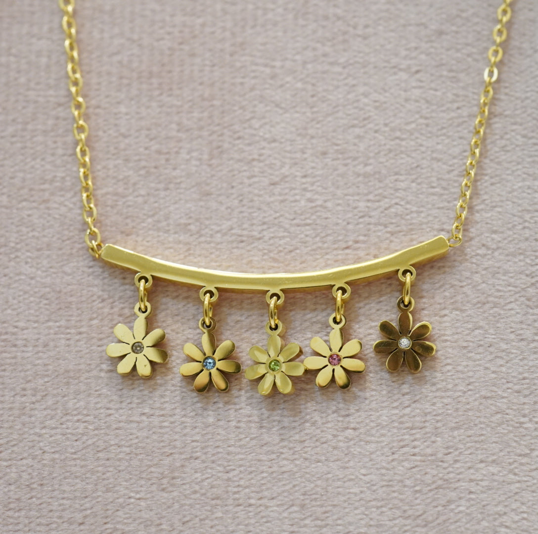 18K Gold Plated Multi Floral Linear Western Pendant Necklace