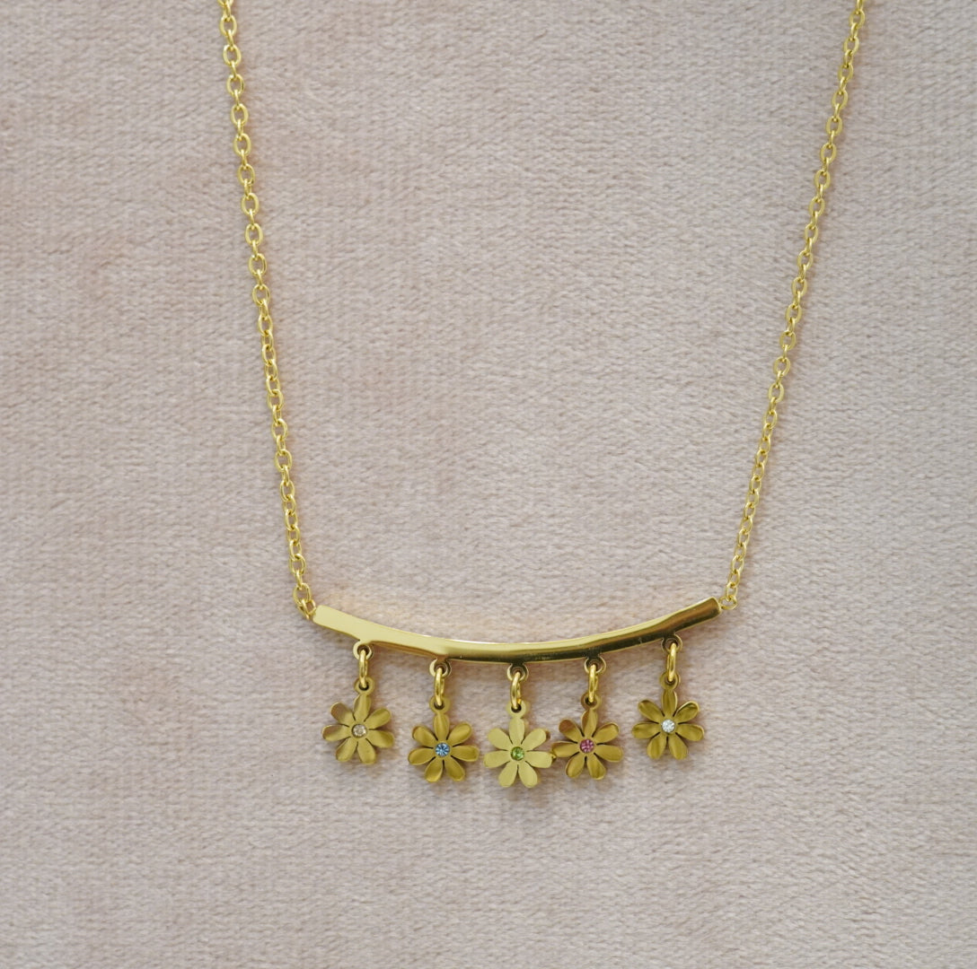 18K Gold Plated Multi Floral Linear Western Pendant Necklace