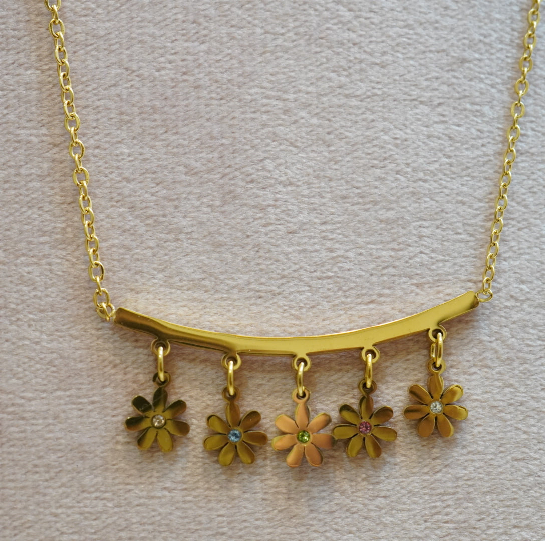 18K Gold Plated Multi Floral Linear Western Pendant Necklace