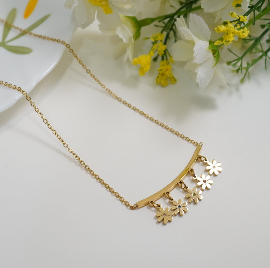 18K Gold Plated Multi Floral Linear Western Pendant Necklace