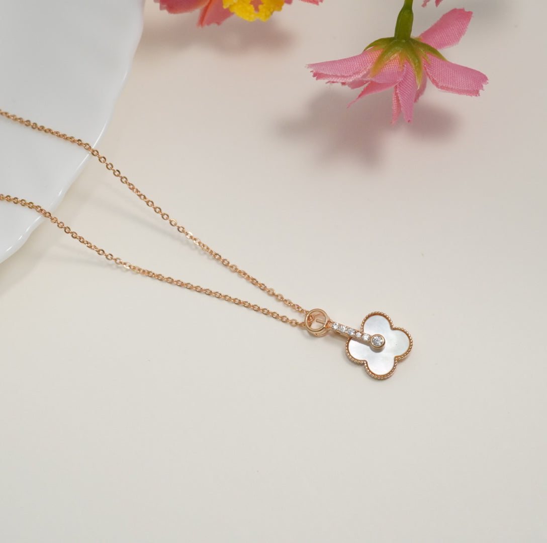 Rose Gold Plated Linear Zirconia & Mother of Pearl Pendant Western Necklace