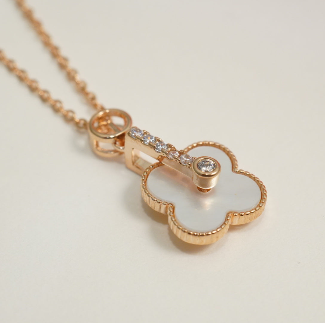 Rose Gold Plated Linear Zirconia & Mother of Pearl Pendant Western Necklace