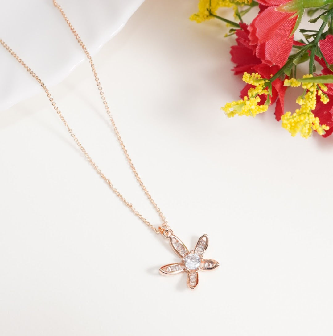 Rose Gold Plated Solitaire Floral Pendant Western Necklace