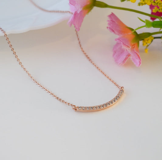 Rose Gold Plated Zirconia Studded Linear Chain Pendant Western Necklace