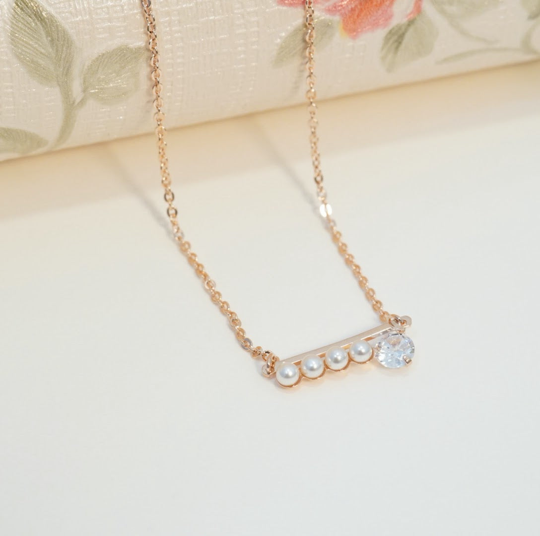 5A Zirconia & Pearl Linear Pendant Western Necklace, Rose Gold plated