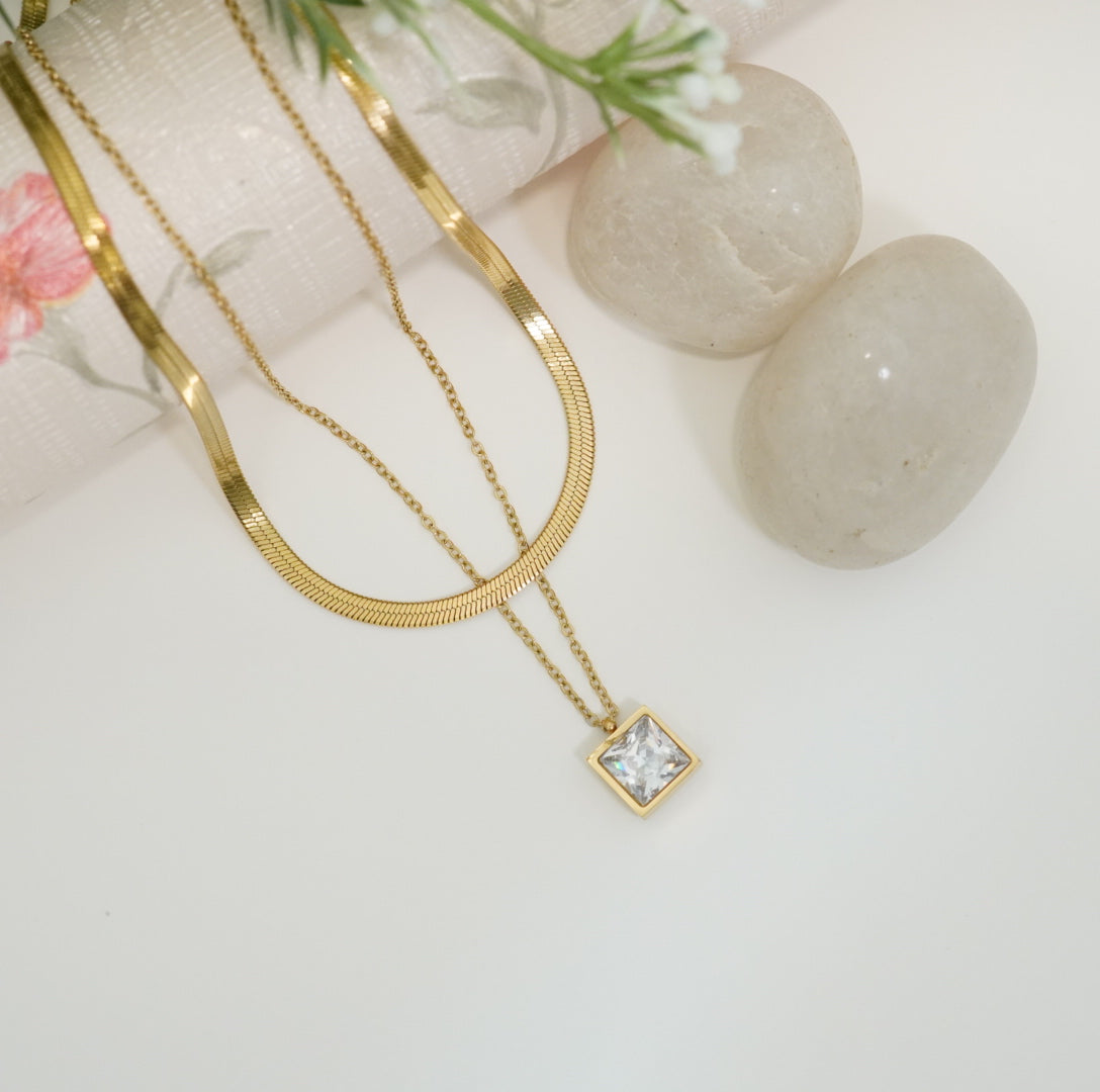 18K Gold-Plated Multilayer Zirconia Solitaire Western Necklace