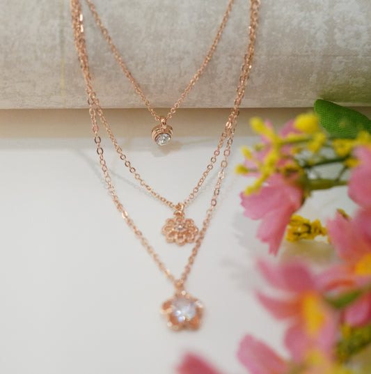 18K Rose Gold-Plated Zirconia Floral Multilayer Western Necklace